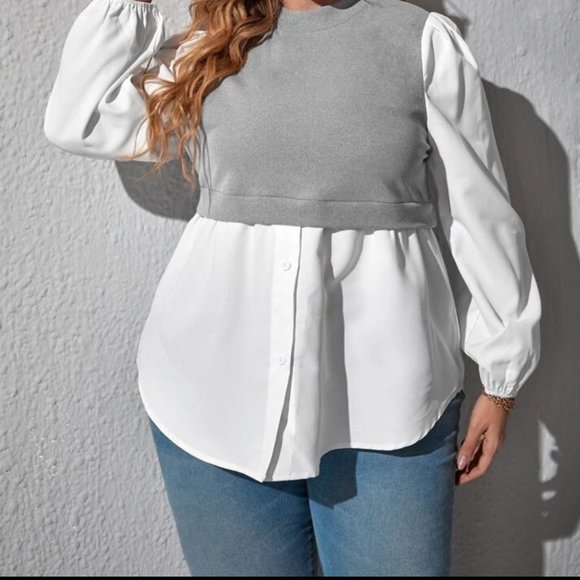 Grey and White Long Sleeve Colorblock Lantern Sleeve Blouse - Picture 5 of 5